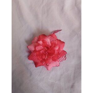 Vintage Pink Fabric Flower Hair Clip Barrette Ponytail Holder Feather Accents
